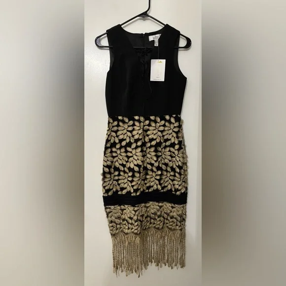 Badgley Mischka | Dresses | Badgley Mischka Belle Sleeveless Blackgold  Formal Midi Dress Wtassels Size 2 | Poshmark